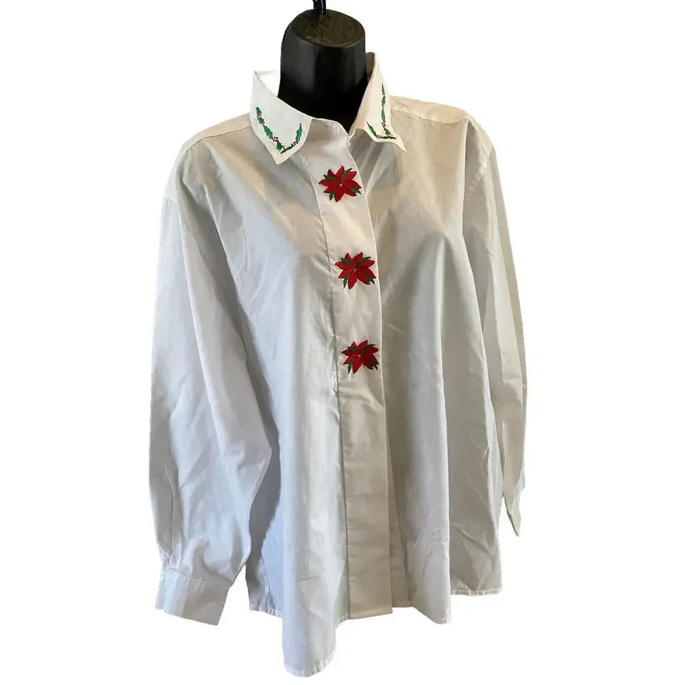 Orvis Vintage Womens Size 20 XL White Christmas Cotton Shirt Blouse Poinsettia - Picture 1 of 10